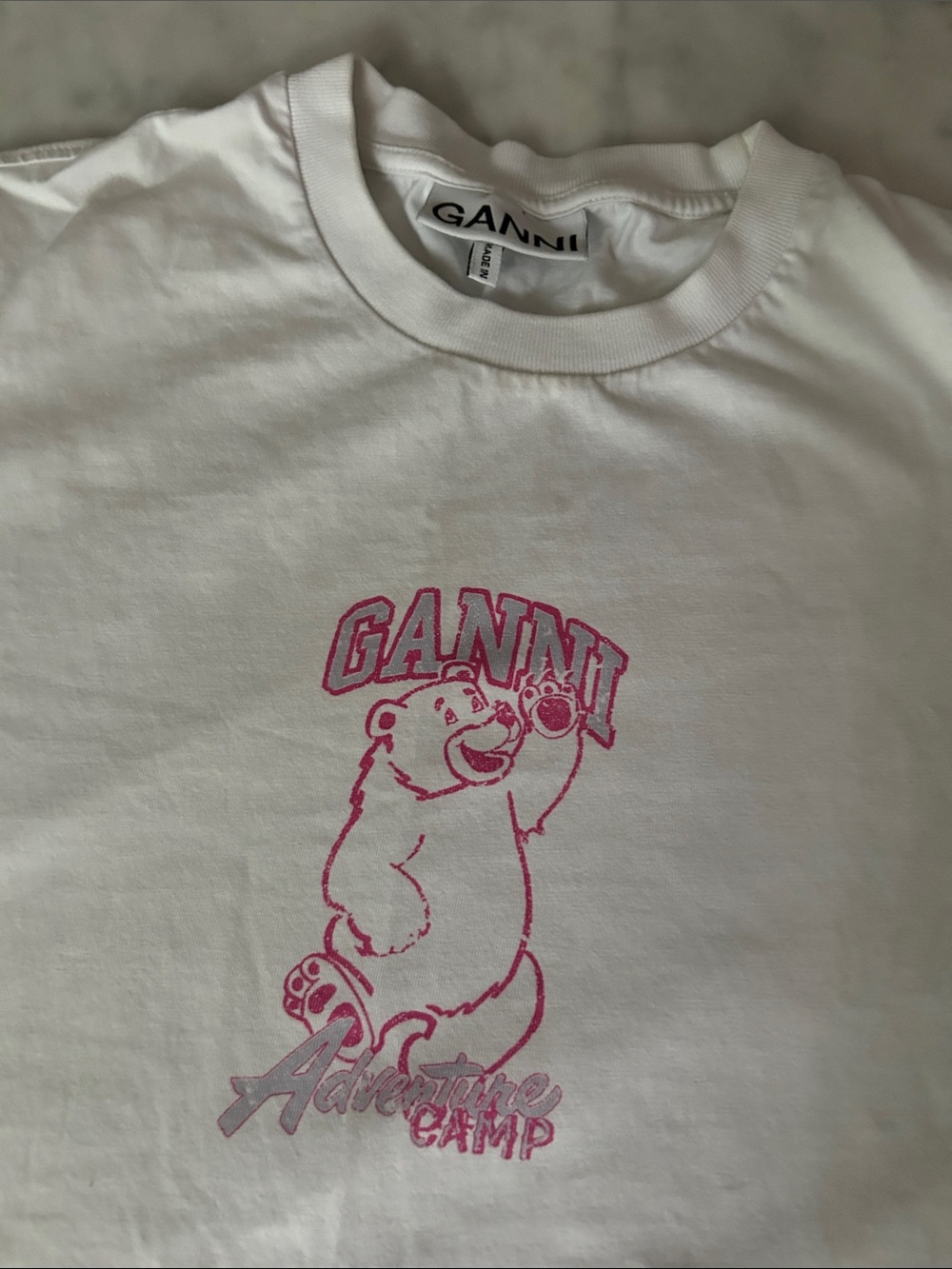 Ganni White Tee with Pink Bear Graphic